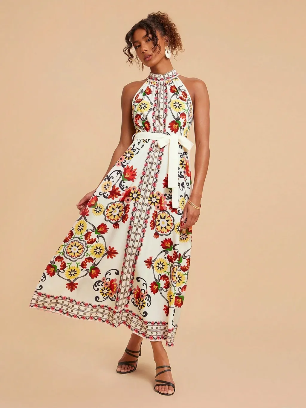 Women's Floral Print Lace-up Sleeveless Mid-length Dress - Floral