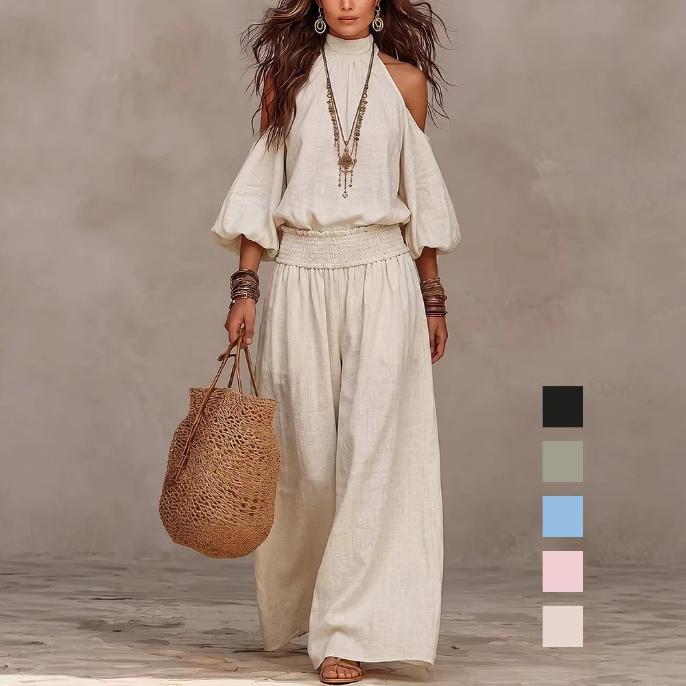Womens Fashionable Casual Round-Neck Loose-Fit Long-Sleeve Hollow-Out Top And Pleated Pants Set