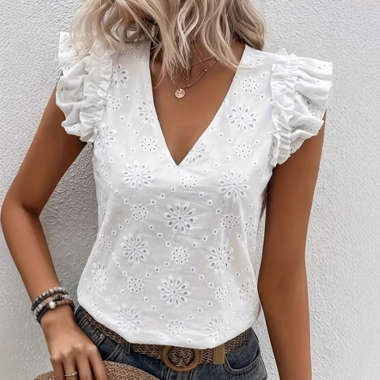 Women's Butterfly Sleeve Ruffle Trim Top
