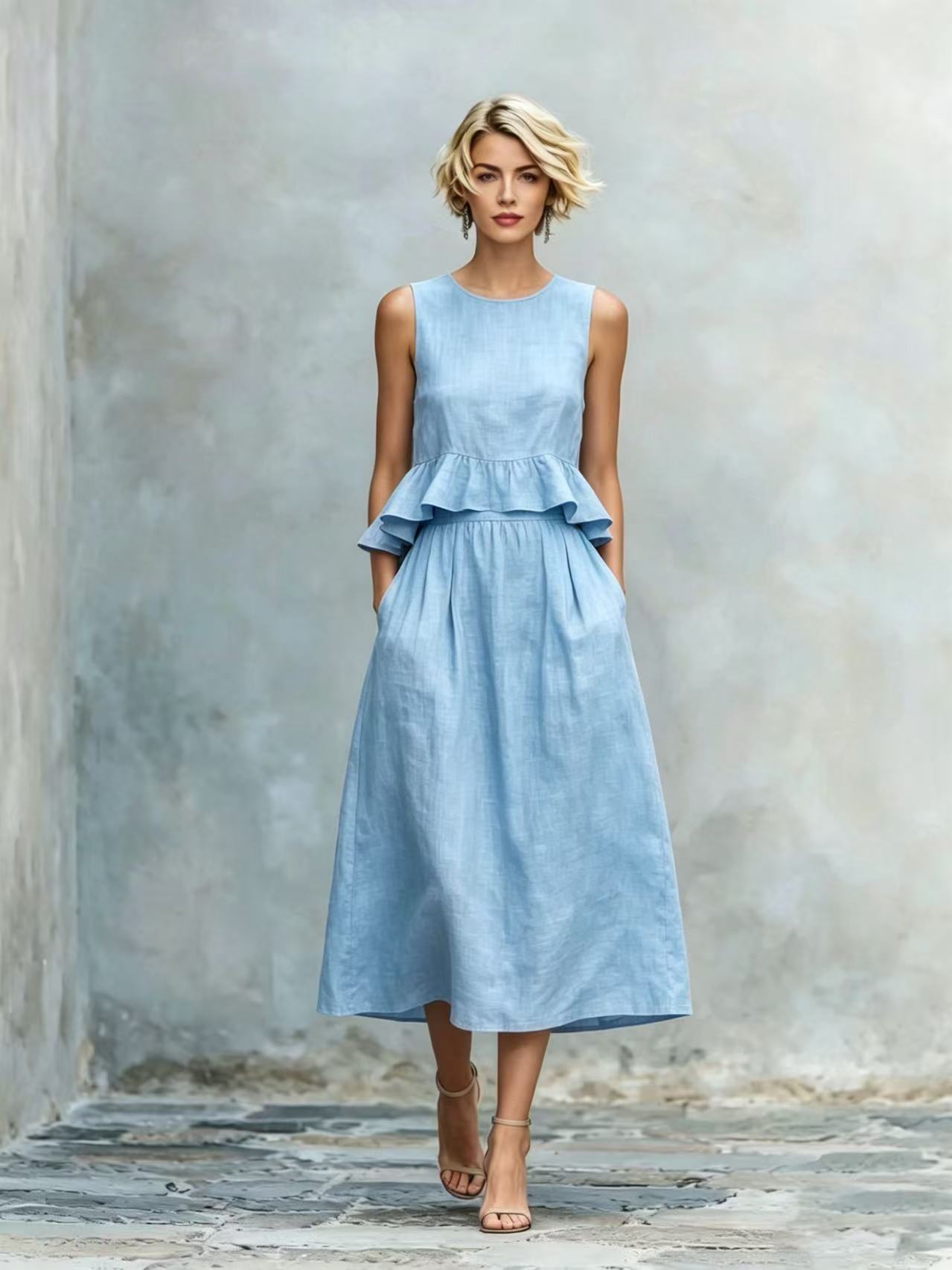 Women's High-Waist Ruffle Maxi Dress in Sky Blue – summer beach dress