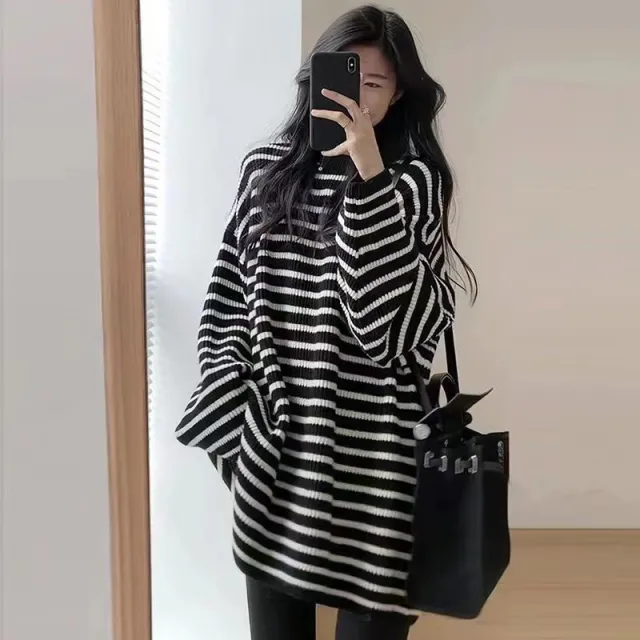 Casual Striped Round Neck Lazy Pullover Loose Retro Simple Black - Shop at LoveMi