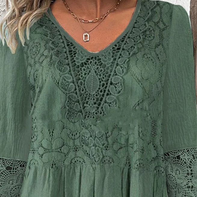 Women's Popular Solid Color Lace Lacework Round-neck Dress