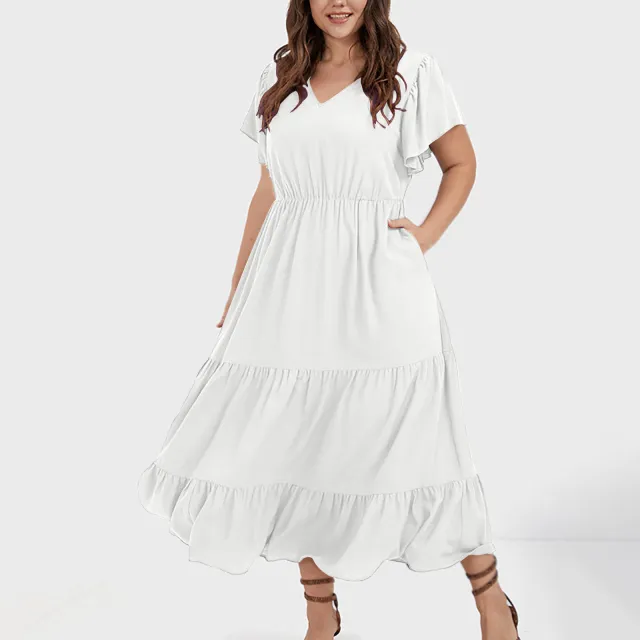 V neck Ruffle Pleating Casual Large Swing Skirt White - Shop at LoveMi