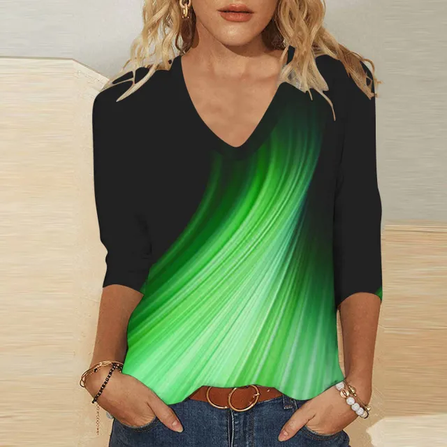 Digital Printing V neck 34 Sleeves V neck Casual Women's Top T shirt Vqfxch14452 M - Shop at LoveMi