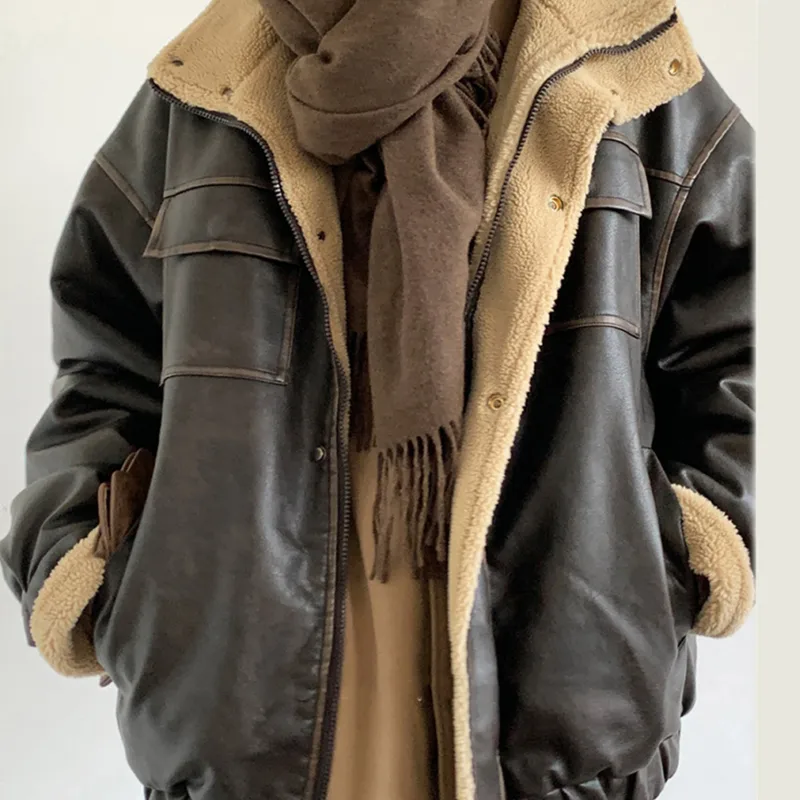 Retro Neutral Maillard Lamb Fur Coat Loose Leather Jacket