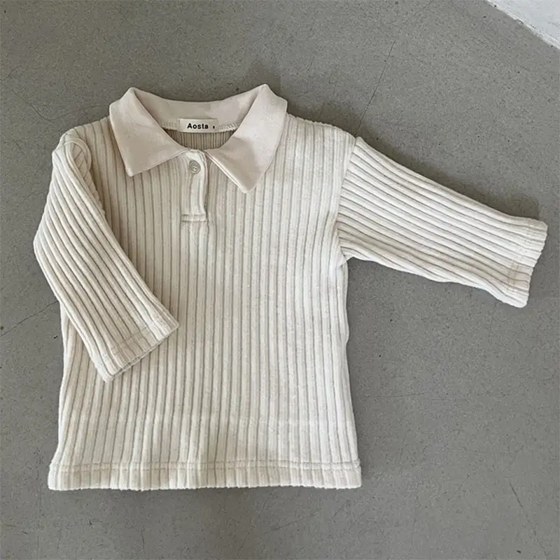 Korean Style Baby Children's Clothing Sunken Stripe Lapel Long Sleeve