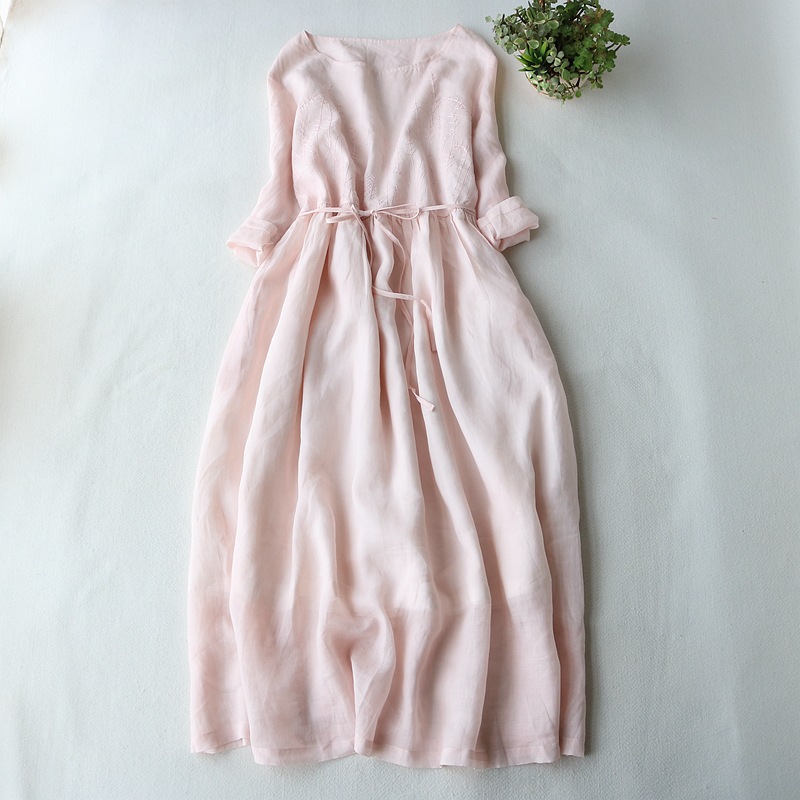 Round-neck Ramie Embroidery Artistic Lace-up Waist-defined Slimming Long Dress — image 1