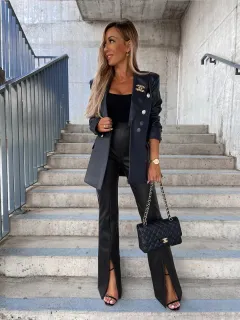 Fashionable Elegant Slim Fit Casual Slit Leather Pants Women - Black - View 1