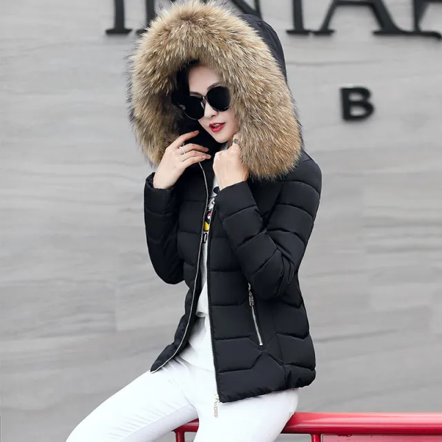 Short Slim Fit Women's Clothing Large Fur Collar Down Jacket Black - Shop at LoveMi