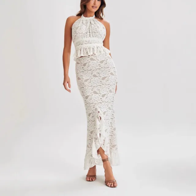Women's New Sexy Backless Irregular Top With Lace And European American Skirt Set White - Shop at LoveMi
