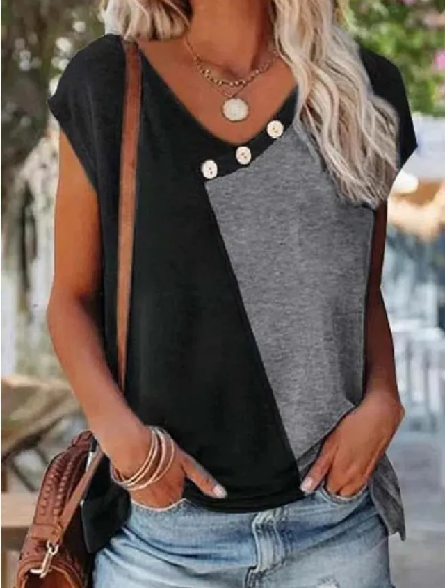 New Women's Stitching Contrast Color V neck Button T shirt Women Black - Shop at LoveMi