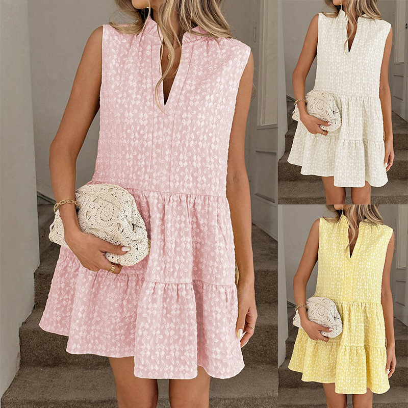 Womens Summer Sleeveless Patchwork V-Neck Pullover Dress For Europe And America