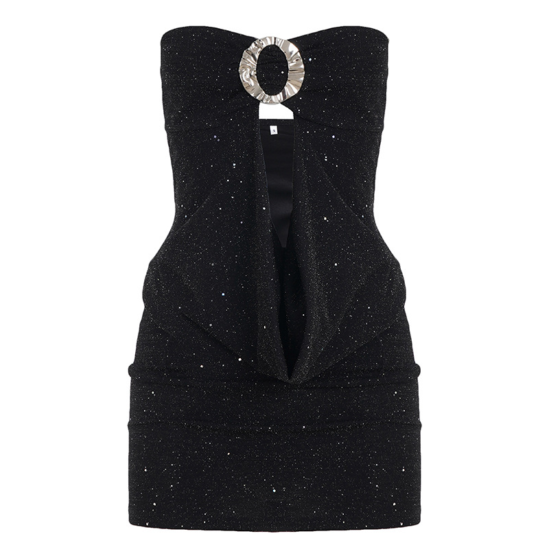 Sexy Sequined Tube Top Hollow out Pleated Elegant Dress Black - Shop at LoveMi