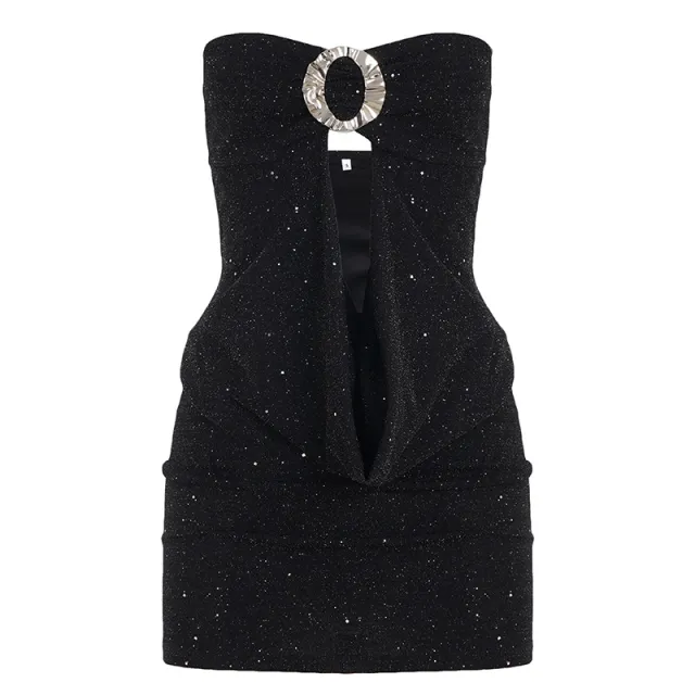 Sexy Sequined Tube Top Hollow out Pleated Elegant Dress Black - Shop at LoveMi