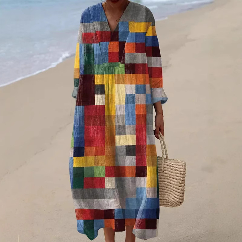 Retro V-neck Bohemian-print Loose-fitting Dress