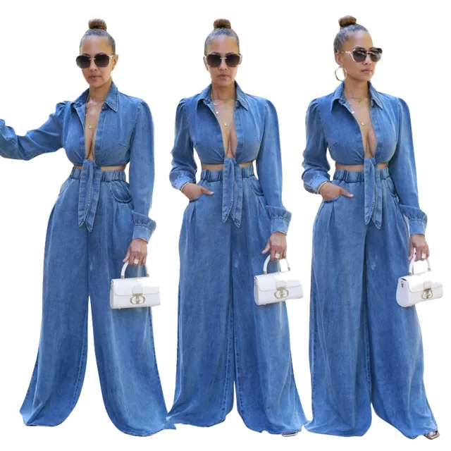 Women's Casual Wide leg Pants Denim Suit Blue - Shop at LoveMi