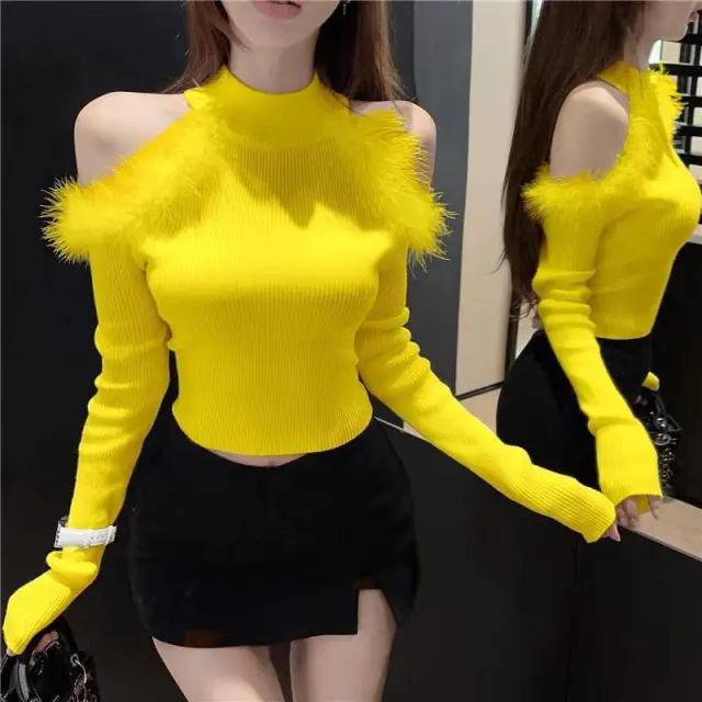 Women's Half turtleneck Stitching Hollow Out Shoulder baring Knitwear Top Yellow - Shop at LoveMi
