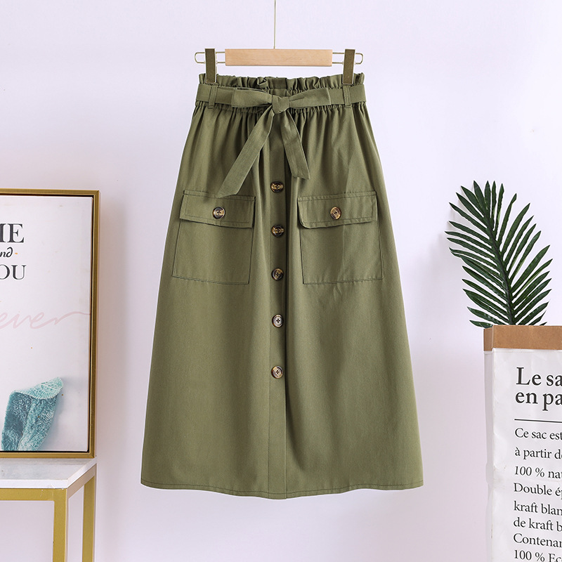 Summer New Artistic Solid Color Buttons Mid-length Skirt Mori Girl Elastic Waist Cotton And Linen A- Line Skirt