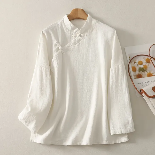 Ramie Vintage style New Chinese style Mandarin collar Cross over front Button up Solid color Tea Robe Top White - Shop at LoveMi