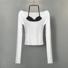 Dongdaemun Figure Halterneck Vest And Slightly Transparent Big Collar Long Sleeve T-shirt Two-piece Set - White - View 1
