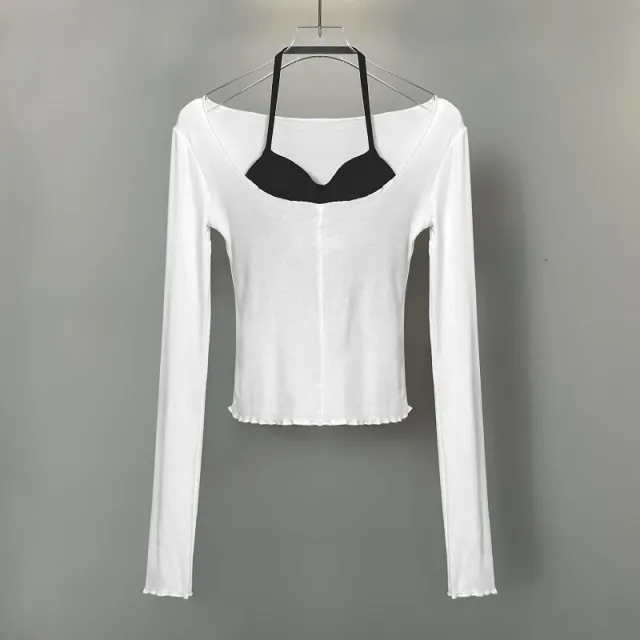 Dongdaemun Figure Halterneck Vest And Slightly Transparent Big Collar Long Sleeve T shirt Two piece Set White - Shop at LoveMi