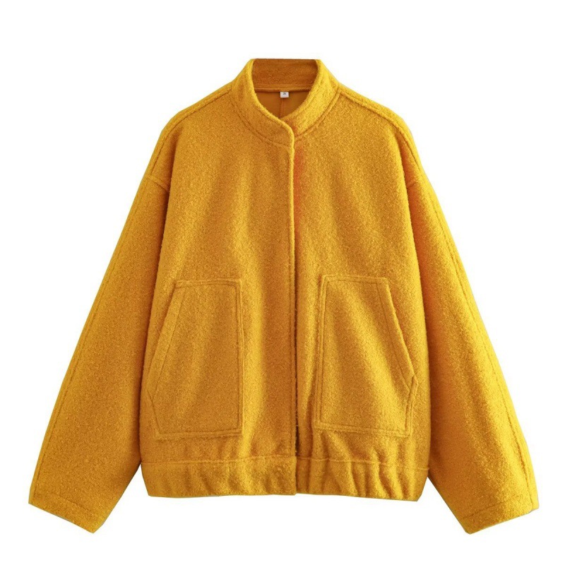 Women's Single breasted Stand Collar Large Pocket Loose Bomber Jacket Yellow - Shop at LoveMi
