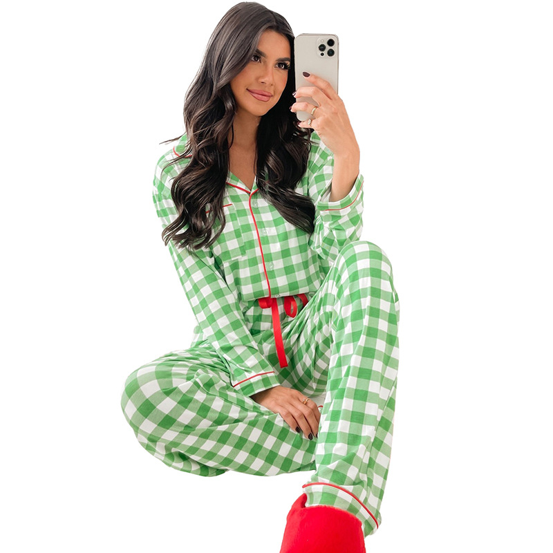 Early Autumn Long Sleeves Home Wear Women's European American Simple Versatile Plaid Suit Green - Shop at LoveMi