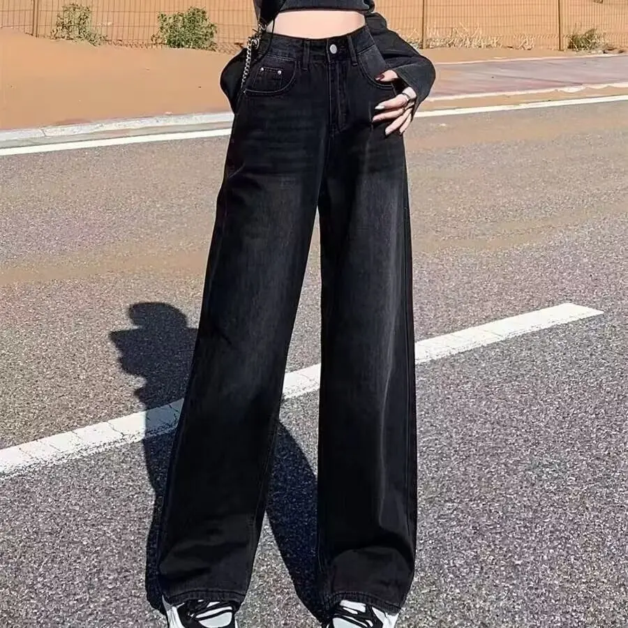 Black And Gray Wide-leg Jeans High-waisted Loose-fit