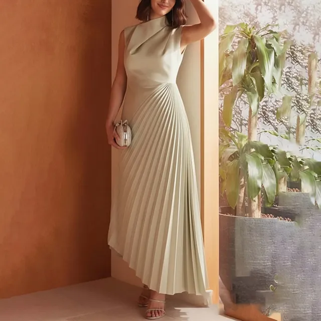 New Women's Solid Color Elegant Pleated Dress Khaki - Shop at LoveMi