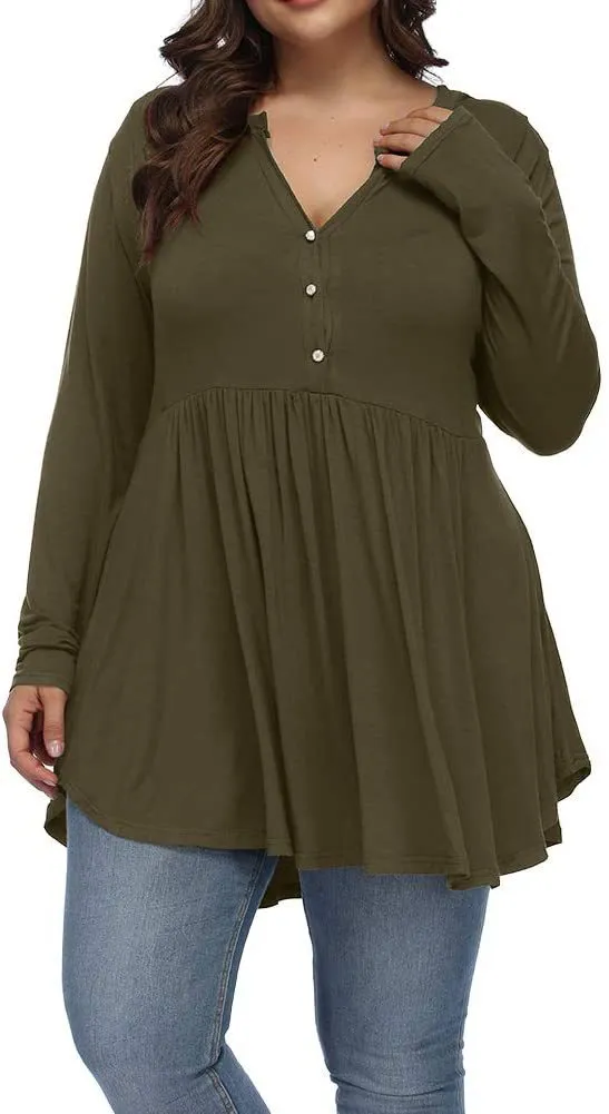 V neck Buttons Pleated Long Sleeve Plus Size T shirt Army Green - Shop at LoveMi