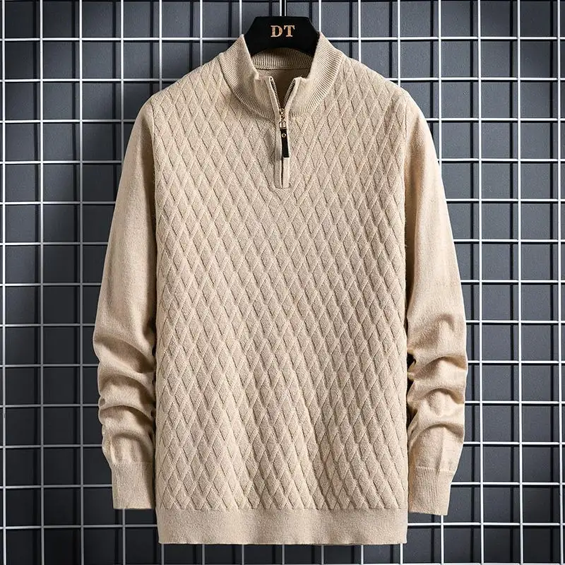 Fall Winter Men Half Zip Sweater Diamond Lattice