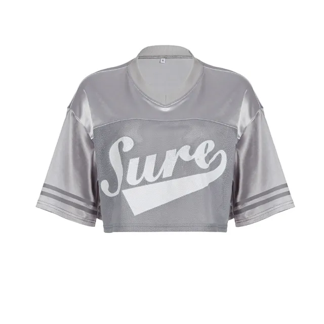 Printed Mesh Cloth Patchwork Round Neck Pullover Loose fitting Cropped Top Silver - Shop at LoveMi