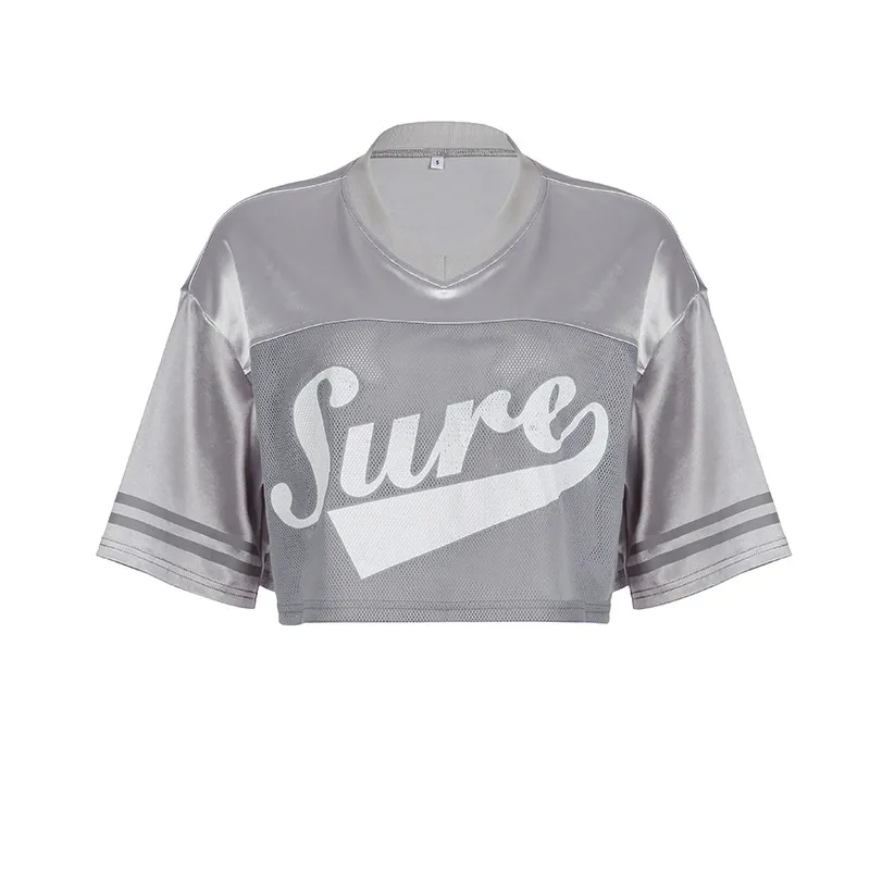 Printed Mesh Cloth Patchwork Round Neck Pullover Loose-fitting Cropped Top - Silver