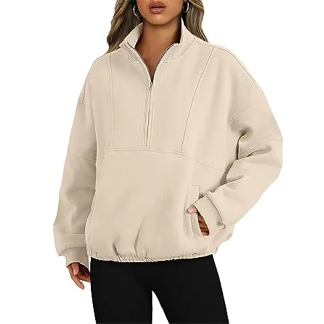 Sweater Sports Casual Women's Zipper Pocket Pullover Stand Collar Long Sleeve Shirt Tan - Shop at LoveMi