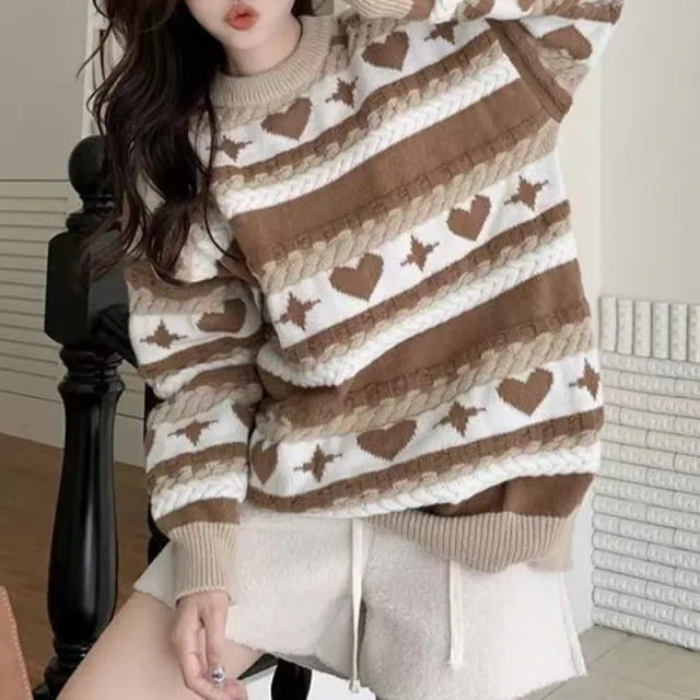 Loose Round Neck Striped Contrast Color Knitted Sweater Women Khaki - Shop at LoveMi