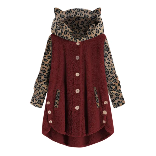 Button Long Sleeve Leopard Splicing Hooded Plush Coat For Women Red - Shop at LoveMi