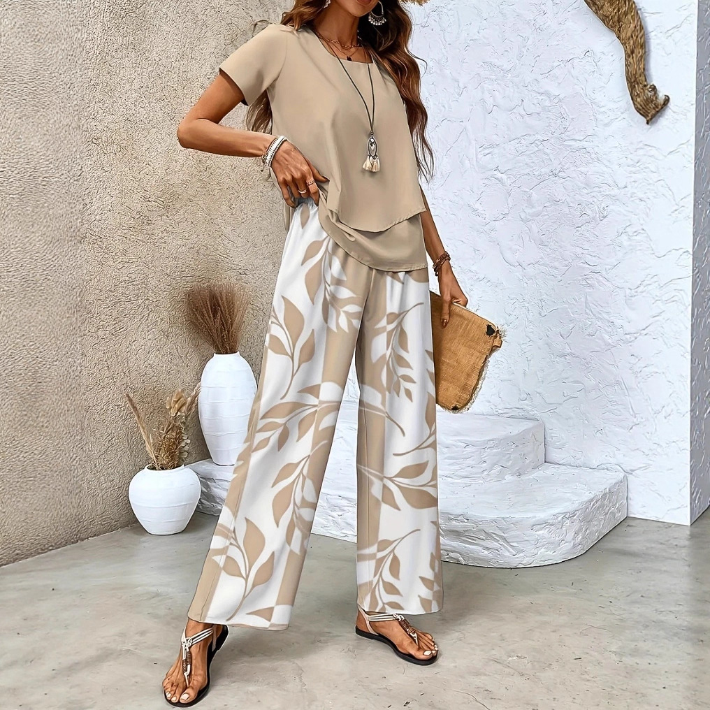 Fashionable Casual Short-sleeve Top And Wide-leg Pants Set