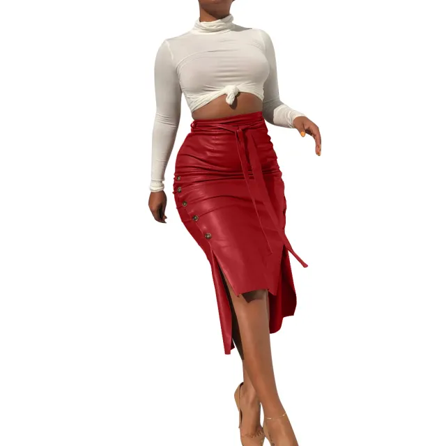 European And American Women's Clothing Sexy Slit Mid length Slim fit Lace Up Skirt Red - Shop at LoveMi
