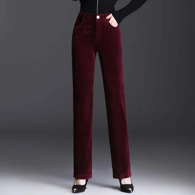 High Waist Straight Corduroy Women's Pants Loose Lamp Wick Wine Red - Shop at LoveMi