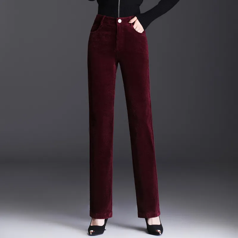 High Waist Straight Corduroy Women's Pants Loose Lamp Wick - Wine