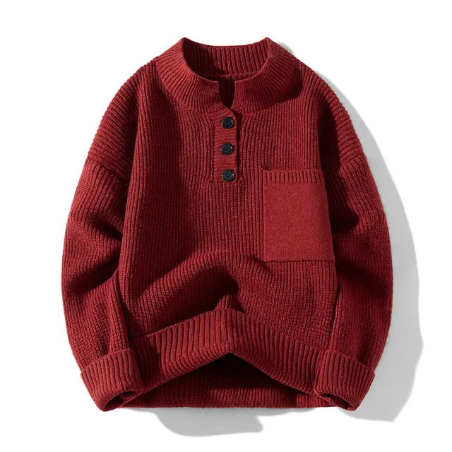Women's Solid Color Versatile Half Turtleneck Button Sweater Wine Red - Shop at LoveMi
