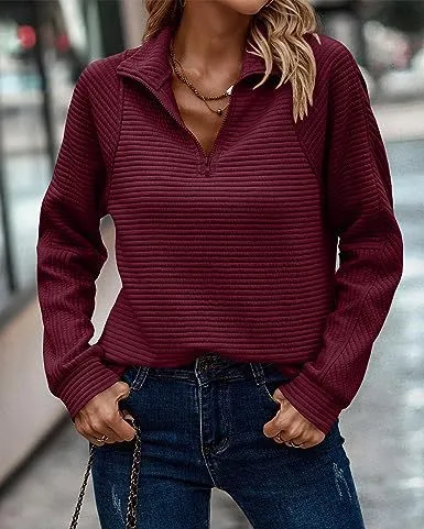 Knitwear Zipper Sports Women's Clothing Loose Pullover Top Wine Red - Shop at LoveMi