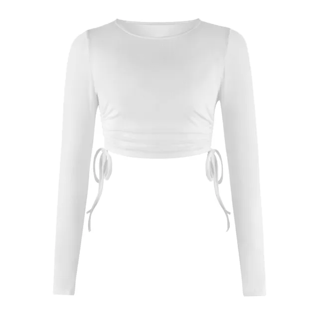 Drawstring Round Neck Long Sleeve Cropped T shirt Thread Top Gstj022 - Shop at LoveMi