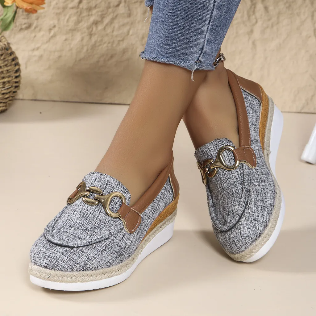 Loafers Casual Pumps Women's Outer Wear Horsebit Buckle Wedge Platform Loafers Slip-on Lazy Shoes - Gray