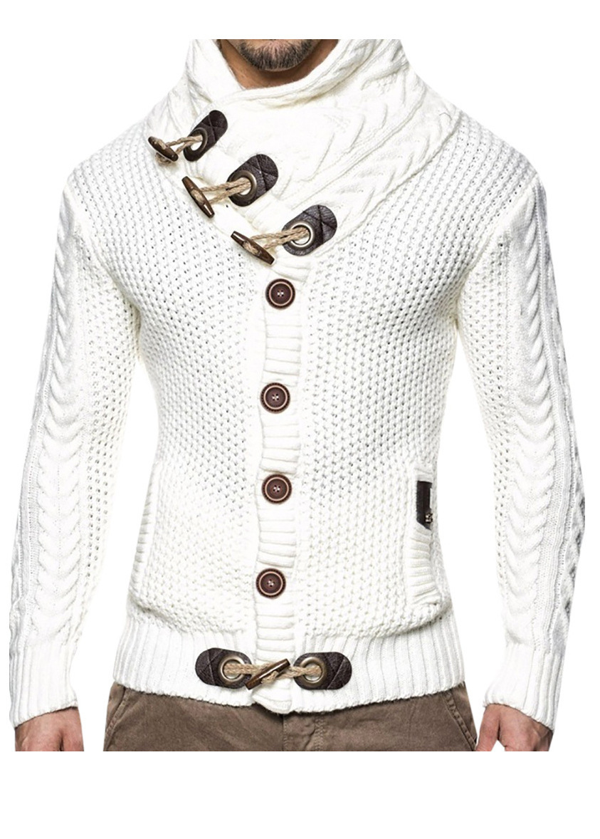 Horn Button Casual Turtleneck Men's Twisted Knitted Cardigan Sweater