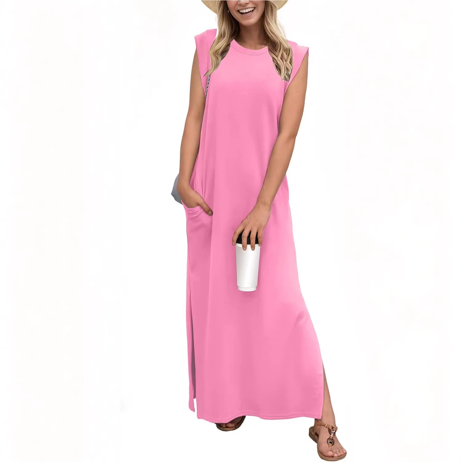 Women's Round Neck Raglan Sleeve Pocket Long Dress 4