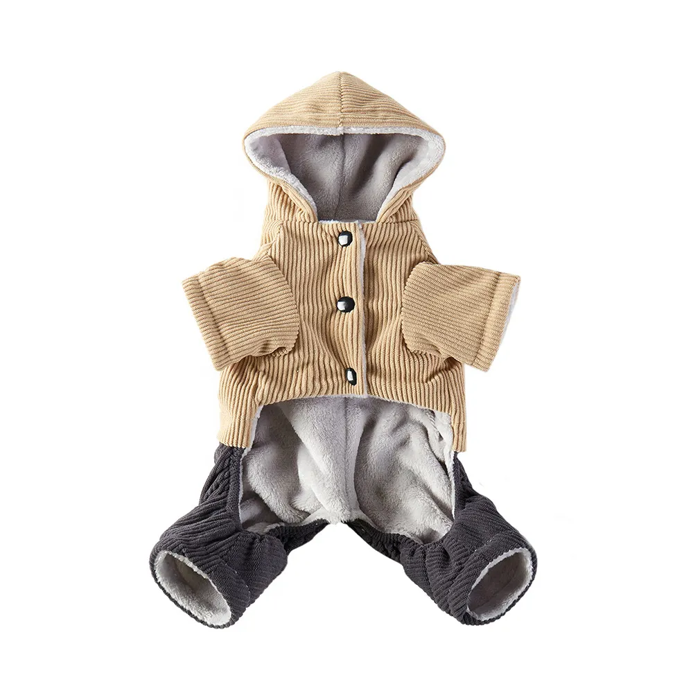 Corduroy Pet Four-legged Hooded Fleece Lined Coat - Yellow Corduroy