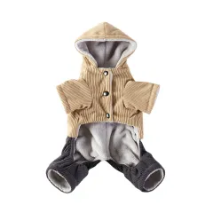 Corduroy Pet Four-legged Hooded Fleece Lined Coat - Yellow Corduroy - View 1
