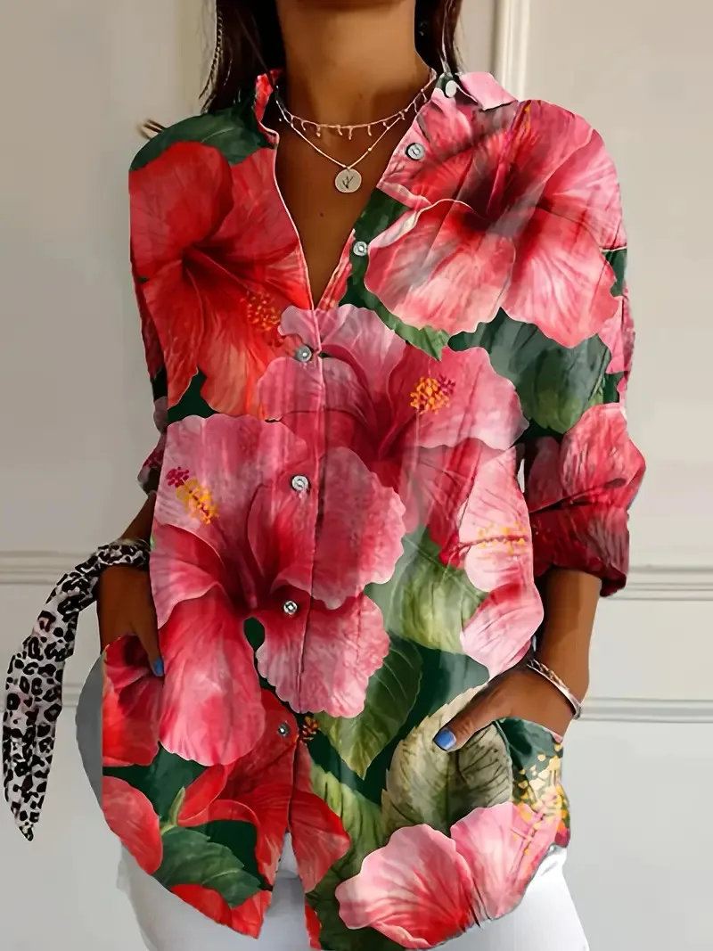 Women's Color Matching Casual Loose Button Digital Printing Shirt - Style06-L