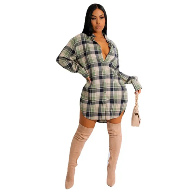 Womens Casual Turn Down Collar Plush Plaid Shirt Dress Green - Shop at LoveMi